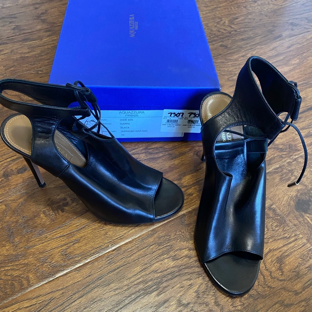 Aquzzura ankle wrap gently used leather peep toe heels